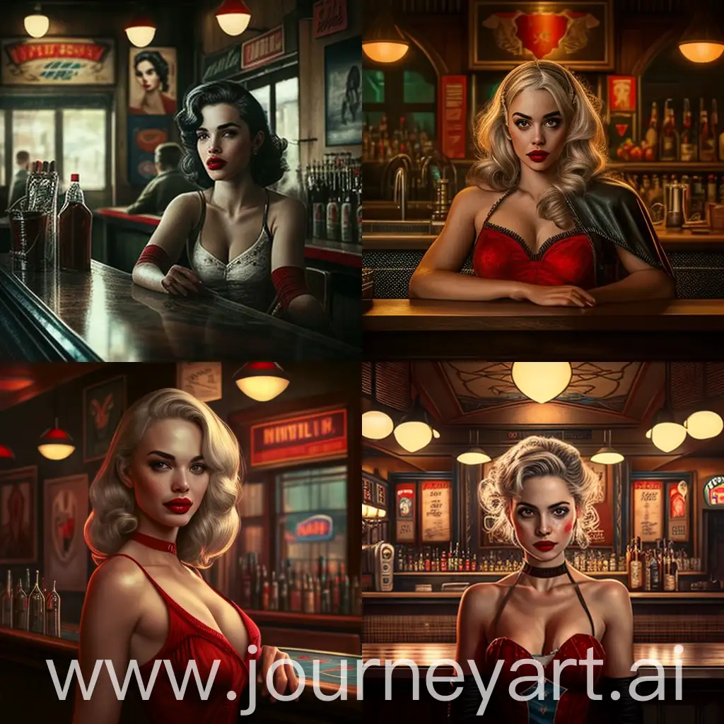 beautiful girl with red lips, perfect body, to look like harley queen, in a vintage bar