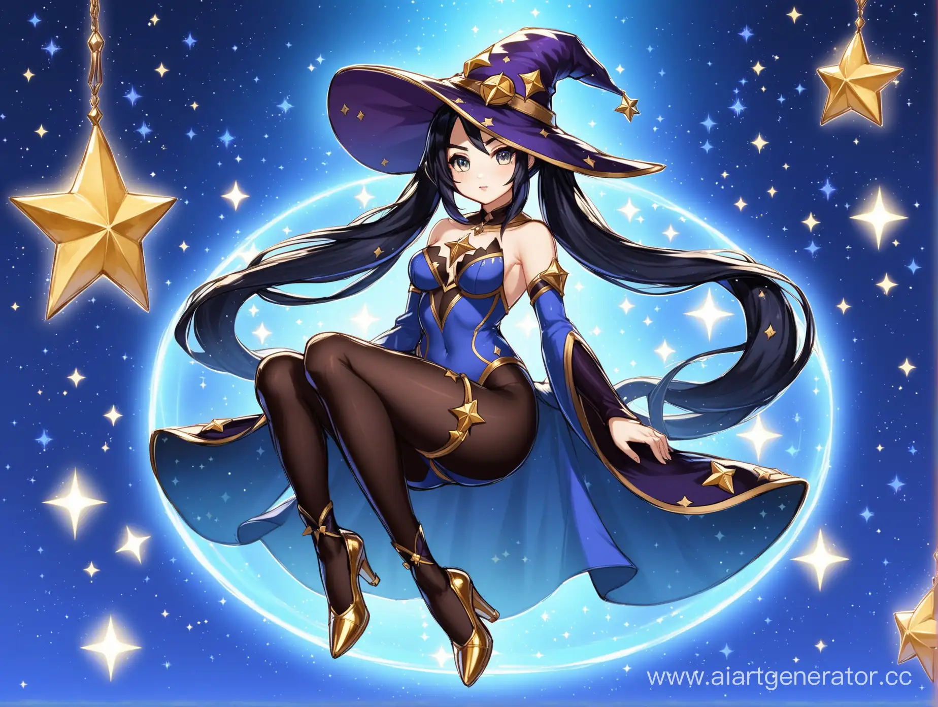 Мона Мигестус из Genshin Impact: в чёрных полупрозрачных колготках, в синем купальнике со звездами, с черными волосами, с двумя длинными хвостиками, с золотыми туфельками на чуть высоких каблуках, с синей шляпой ведьмы и тоже с звездами