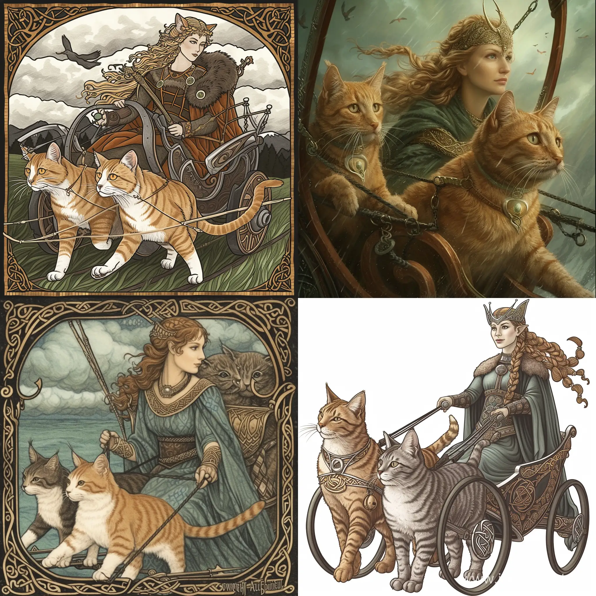 Freyja in Norse mythology is a goddess of love and beauty, she rides in a chariot pulled by two cats. 