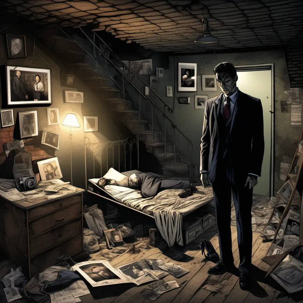 a mysterious male in a basement. The room has a make shift bed and his belongins, pictures on the wall of a woman. It is very tidy. His suit is falling apart. It's dark and is being lit by a shaft of light coming from the stairs