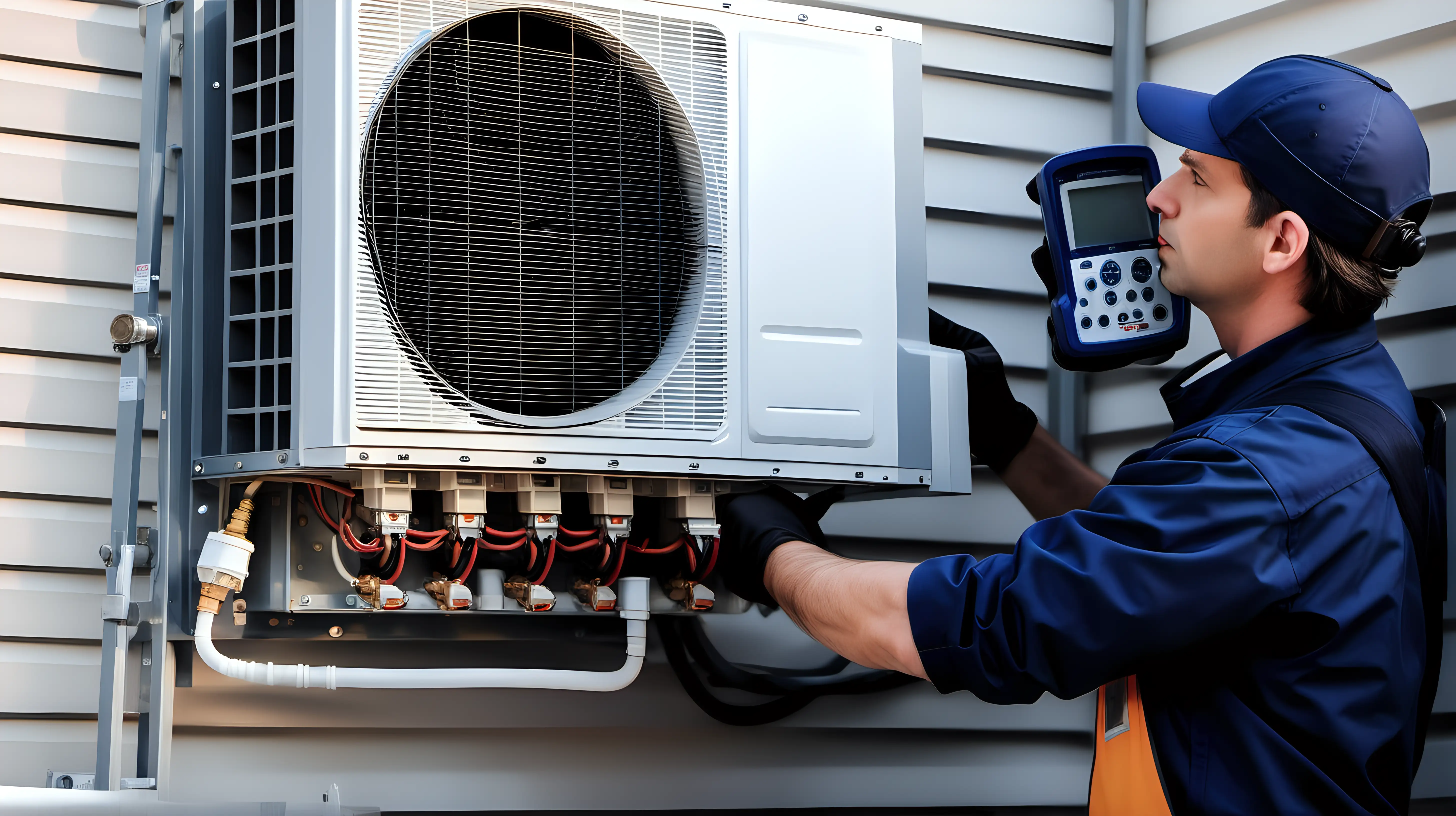 "Frame the image to showcase the technician in full protective gear, focusing intently on diagnosing and fixing the outdoor unit of the air conditioner, with a subtle nod towards the camera, conveying professionalism and expertise."