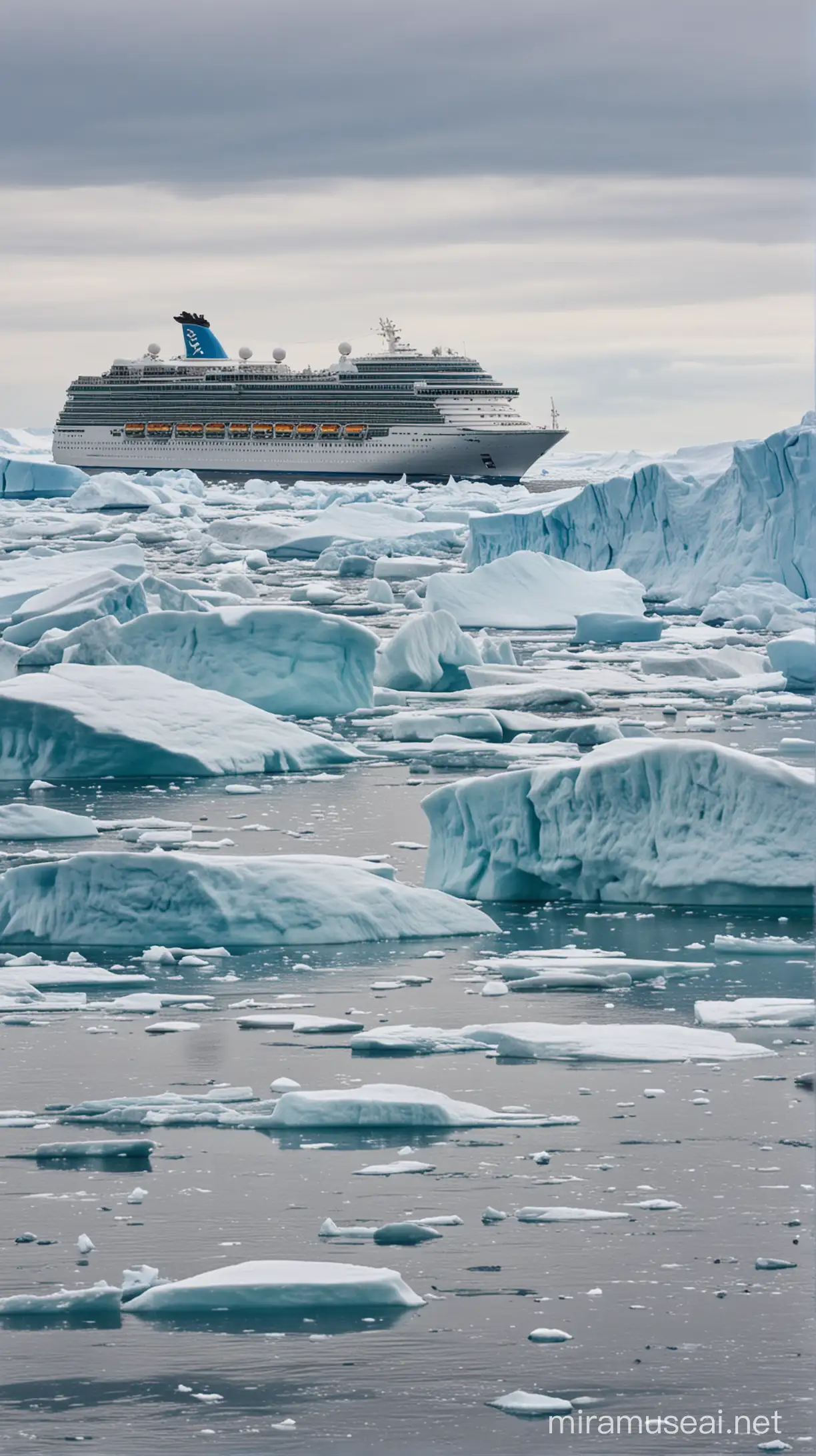 Cruise Ship Sails Past Icebergs While Confronting a Monstrous Ice Creature