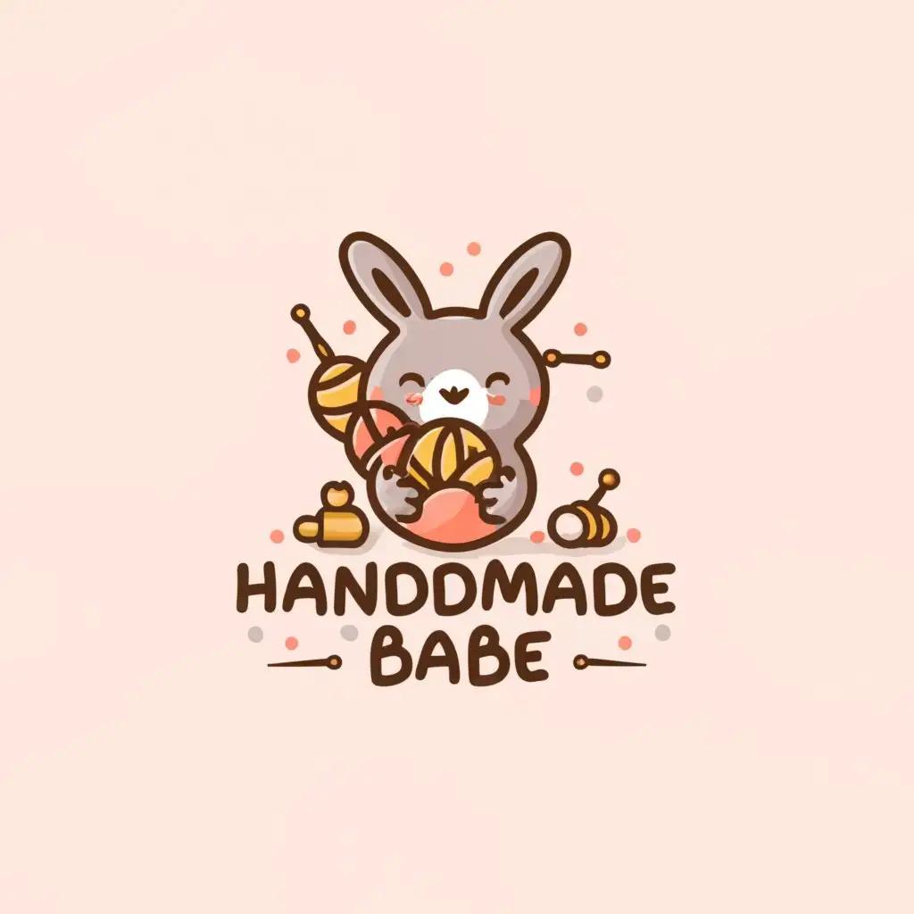 a logo design,with the text "Handmade babe", main symbol:bunny and yarn, maybe knitting hooks or other craft materials like buttons, threads, needles,Moderate,clear background