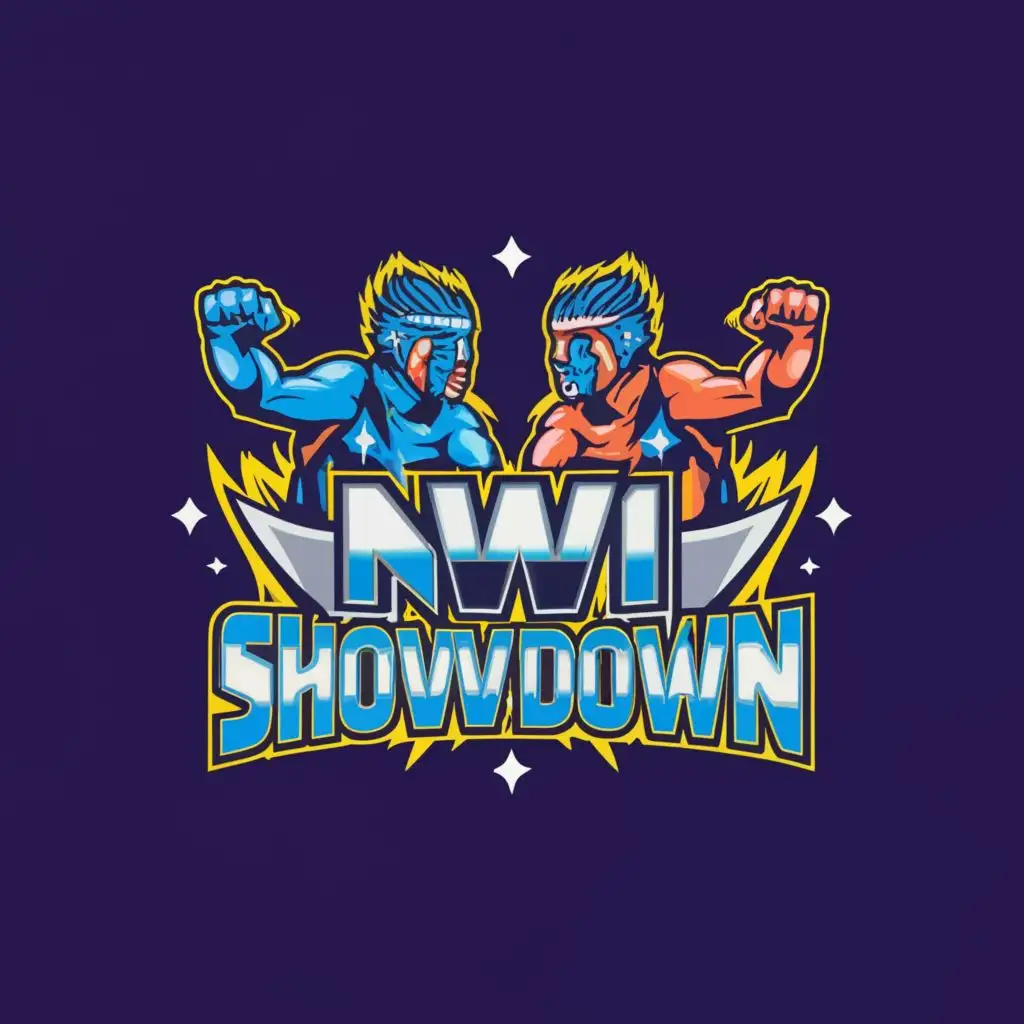 a logo design,with the text "NWI Showdown", main symbol:A wrestling showdown with blue color scheme,complex,be used in Sports Fitness industry,clear background