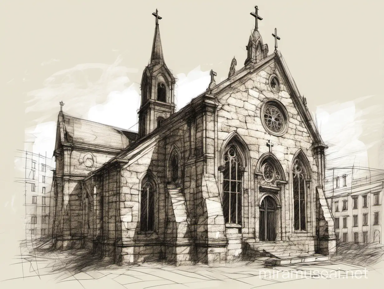 Рисунок карандашом старый католический храм сделанный из камня и со сломанным шпилем в заброшенном городе