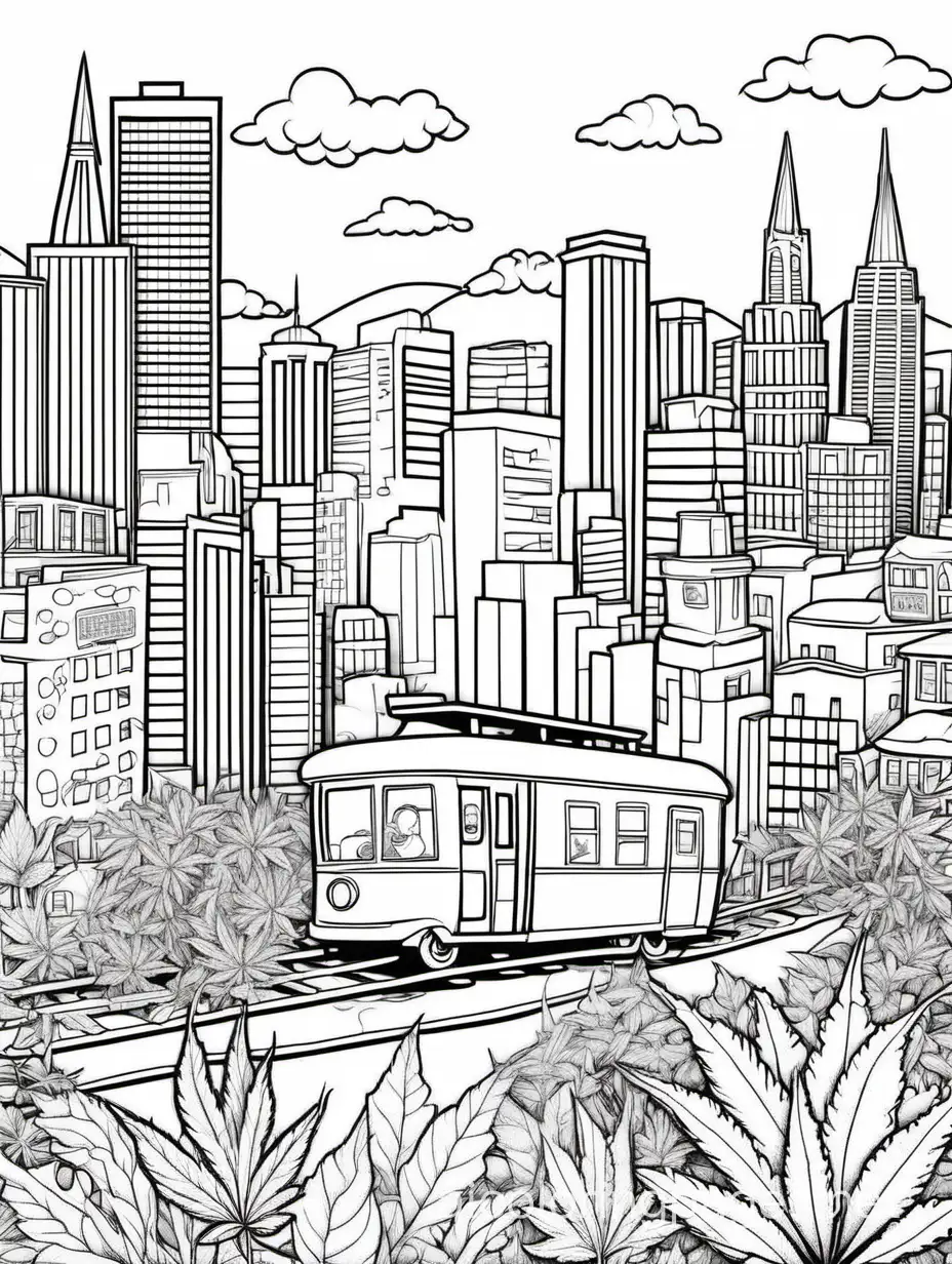 weed stoner san francisco fantasy, Coloring Page, black and white, line art, white background, Simplicity, Ample White Space. The background of the coloring page is plain white to make it easy for young children to color within the lines. The outlines of all the subjects are easy to distinguish, making it simple for kids to color without too much difficulty