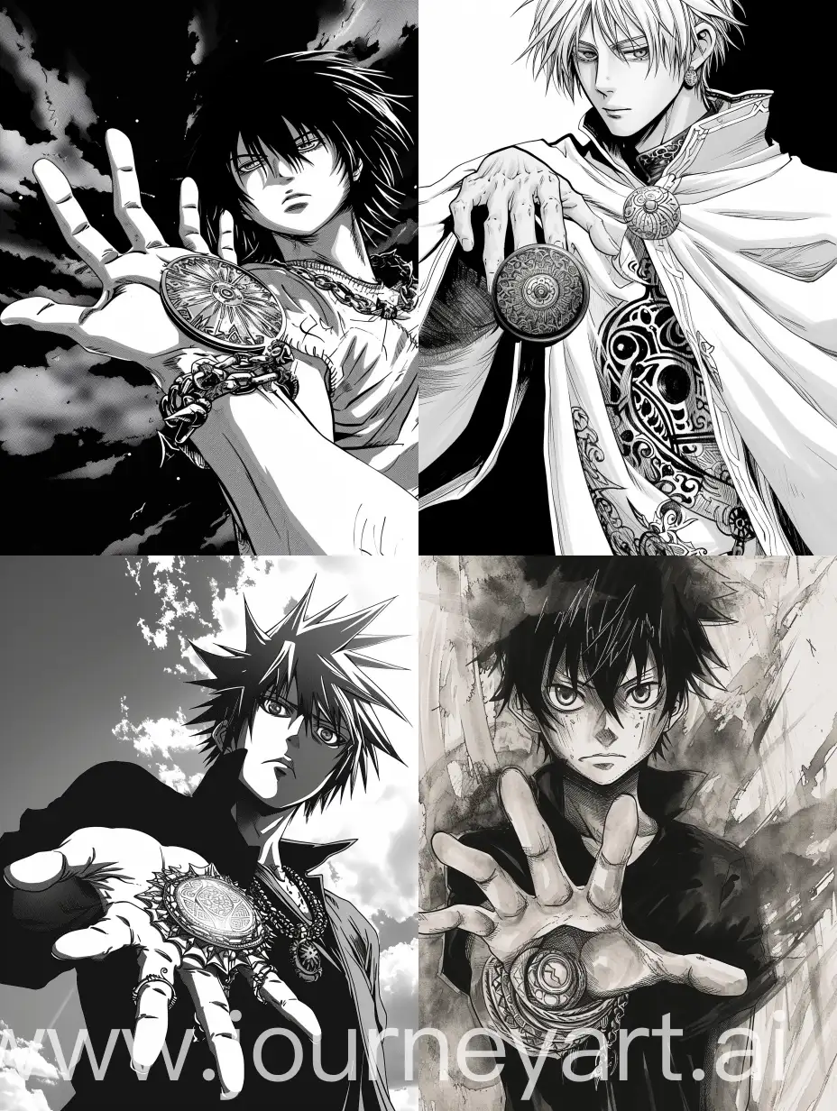 the amulet in the hand, manga style.