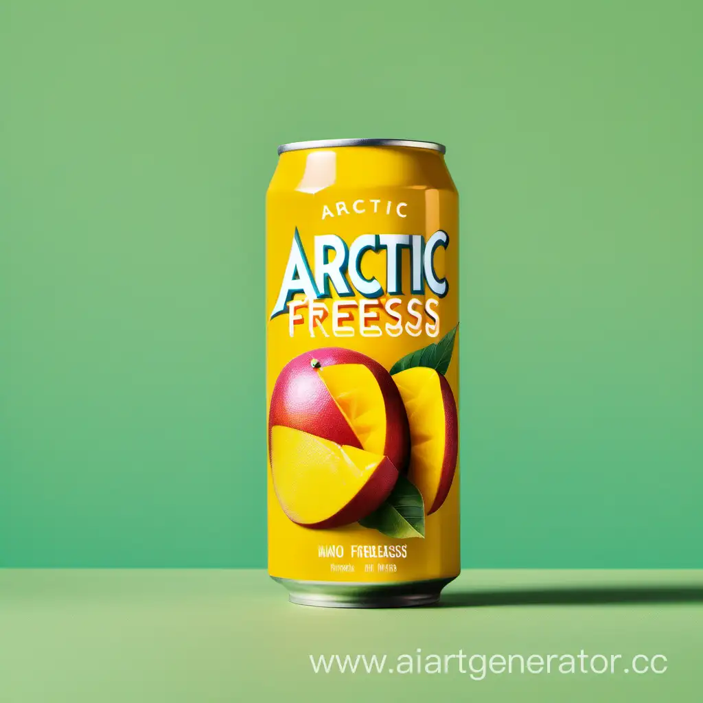 фото банки со вкусом манго газировки под названием Arctic Freshness на жёлтом фоне
