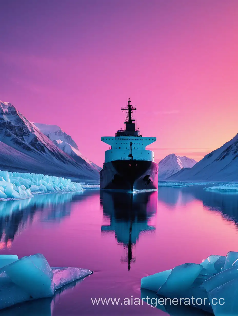 nuclear icebreaker facing away from viewer in a small lake surrounded by mountains, vaporwave sunset