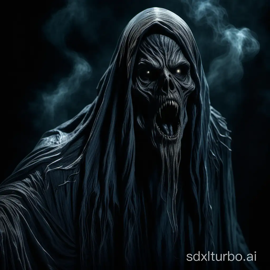 portrait of the scary Dementor,  movie Harry Potter, ultra realistic skin, fantasy magical atmosphere of horror