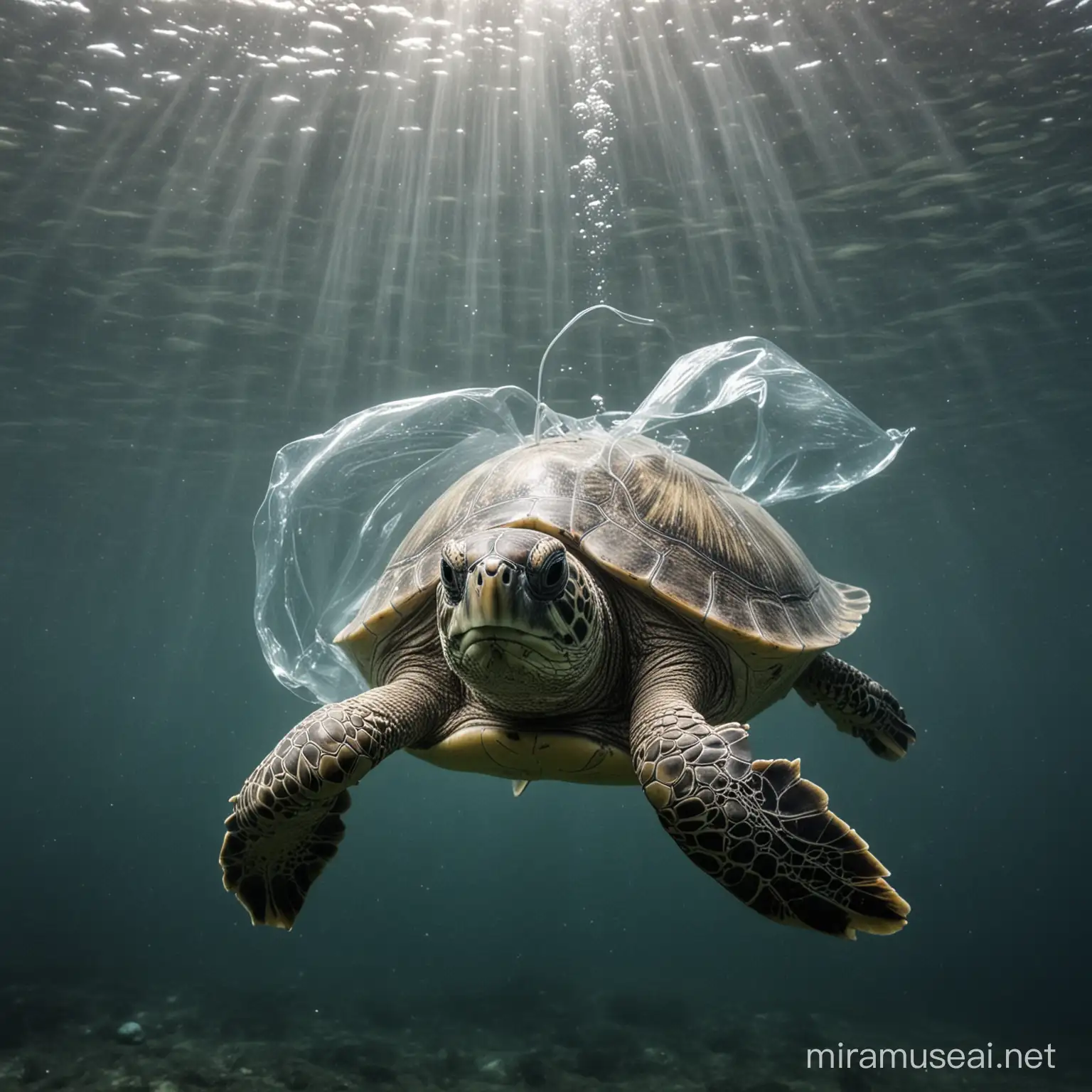 sad  turtle underwater with plastic around his neck, arm and in around him