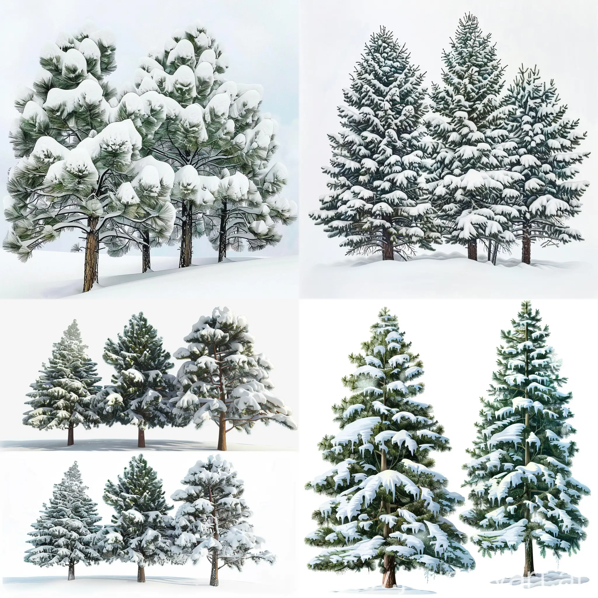 请帮我画一些松树实景照片实景照片，松树上洛满了雪，雪压弯了松树，
