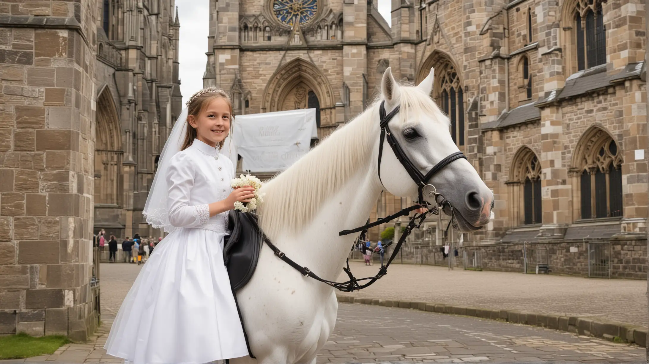 girl about 40 years old on a horse on her holy communion day
in front of a cathedral in Ireland 