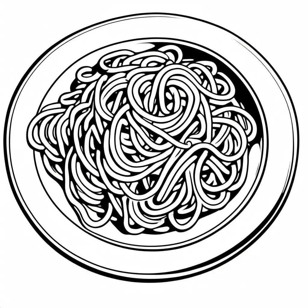 Spaghetti Bolognese bold ligne and easy without color, Coloring Page, black and white, line art, white background, Simplicity, Ample White Space. The background of the coloring page is plain white to make it easy for young children to color within the lines. The outlines of all the subjects are easy to distinguish, making it simple for kids to color without too much difficulty