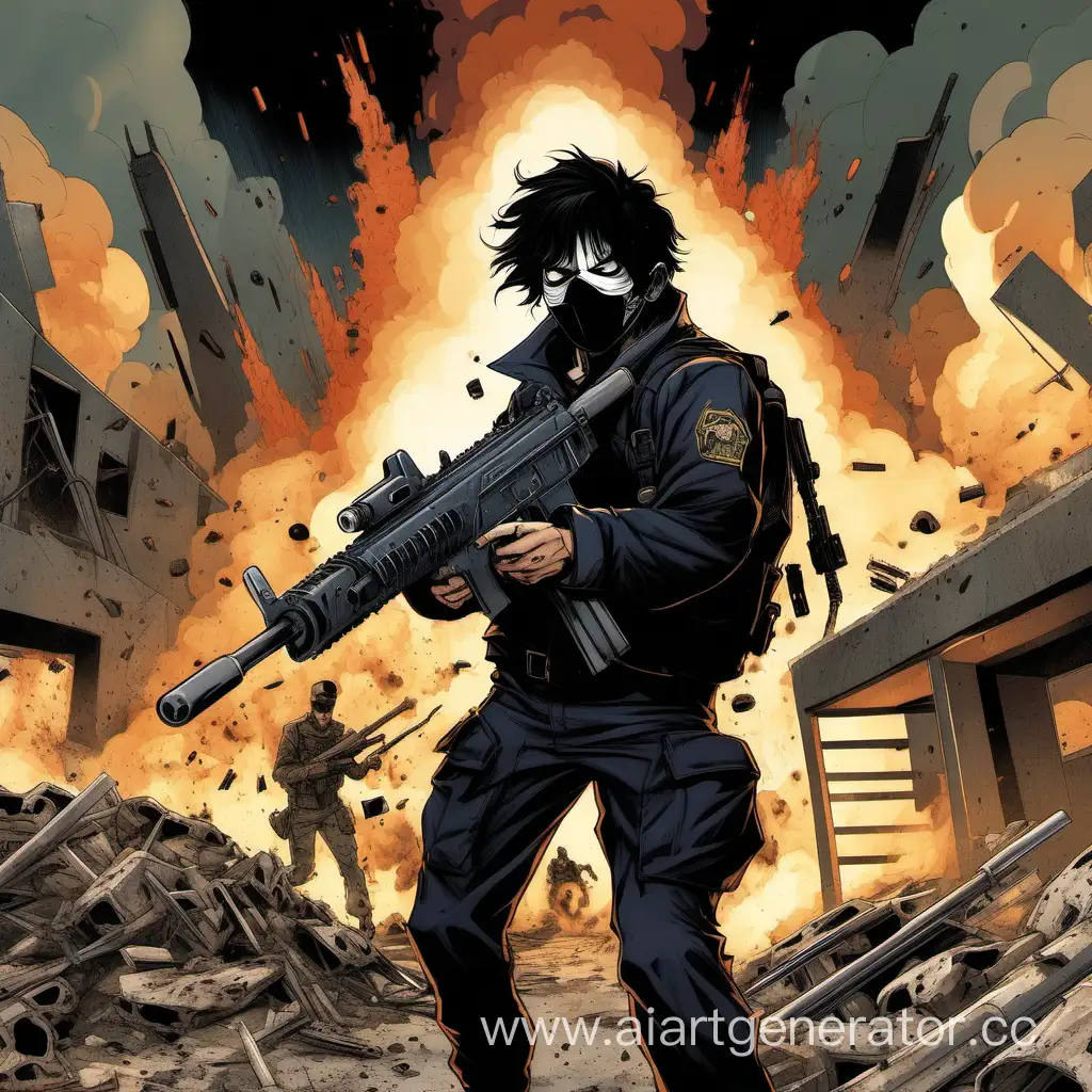 a guy with a mask on his mouth and black hair, he has a machine gun in his hands. There is an explosion in the background. There are corpses all around him.