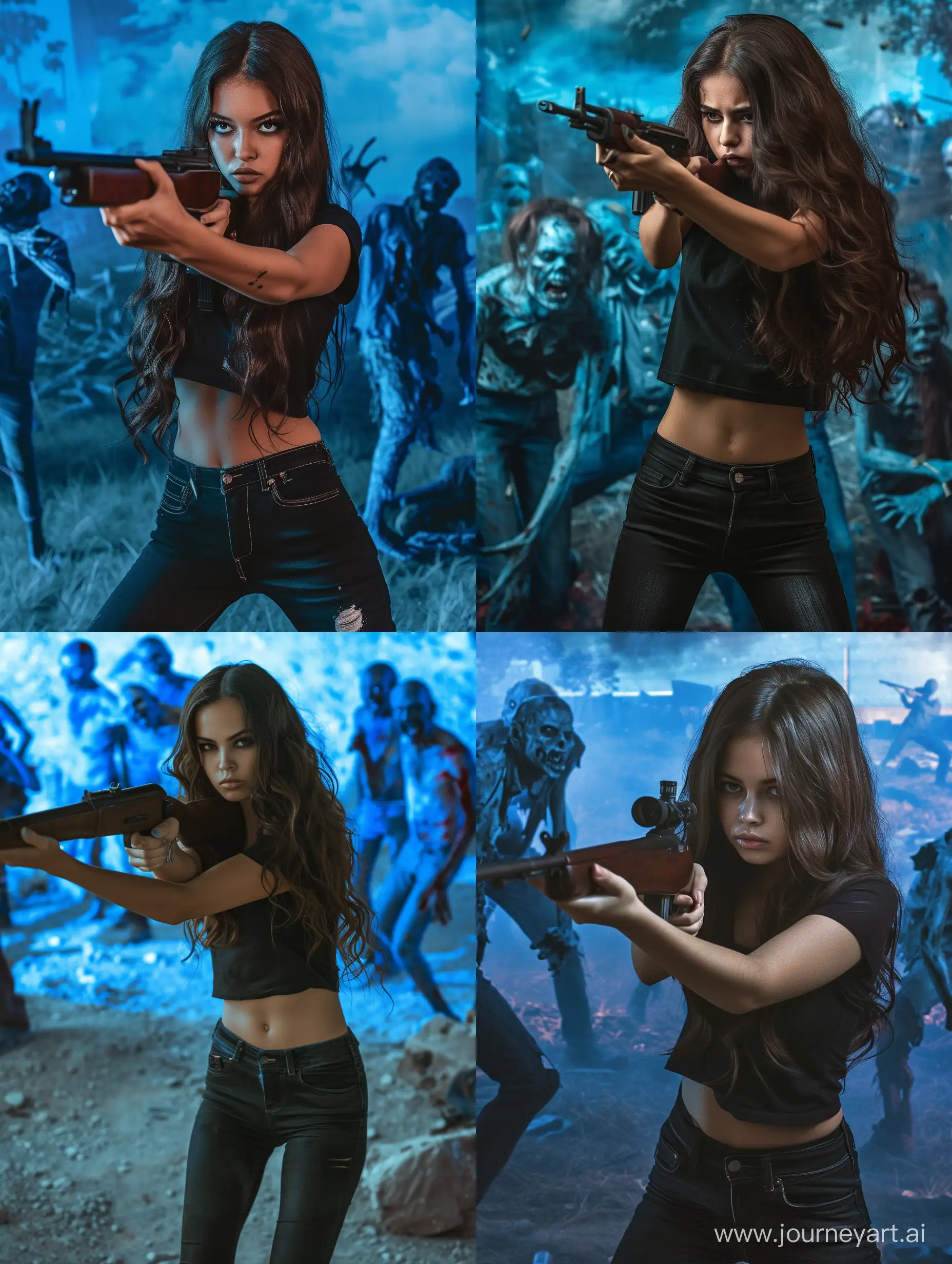 generate an image, a pretty American girl with dark brown long hair, has a black short shirt, has a skinny black jean, aiming with a kar98, full body pose photography, brown skin tone, battlefield background, blue zombies, night time, 