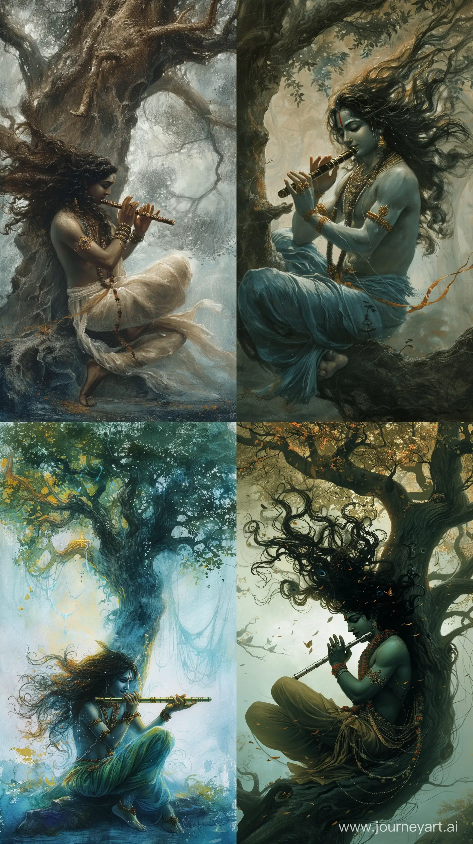 "Craft a mesmerizing narrative capturing the mystical journey of Lord Krishna, seated beneath a majestic tree, with his long hair dancing in the wind, immersed in the enchanting tunes of his divine flute, as he embarks on a spiritual odyssey through realms of beauty and wisdom." --ar 9:16