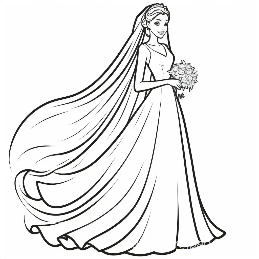 a bride in a wedding dress with a flowing veil, Coloring Page, black and white, line art, white background, Simplicity, Ample White Space. The background of the coloring page is plain white to make it easy for young children to color within the lines. The outlines of all the subjects are easy to distinguish, making it simple for kids to color without too much difficulty. , Coloring Page, black and white, line art, white background, Simplicity, Ample White Space. The background of the coloring page is plain white to make it easy for young children to color within the lines. The outlines of all the subjects are easy to distinguish, making it simple for kids to color without too much difficulty