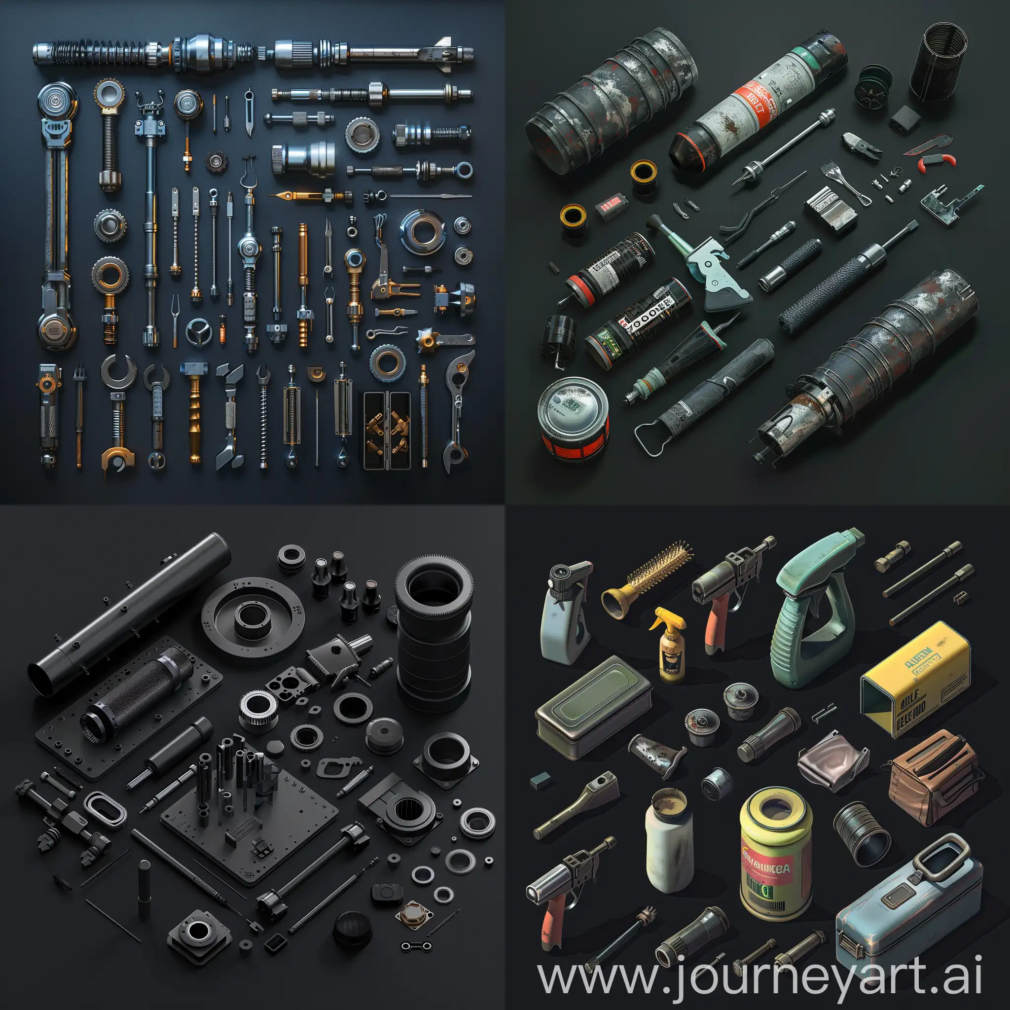 isometric set of repair instruments industrial cleaning kit, inside very thin metal cylinder, style of unreal engine 5, tools instruments grease cleaning kit, ultrarealistic style, isometric set, hard surface :: black background