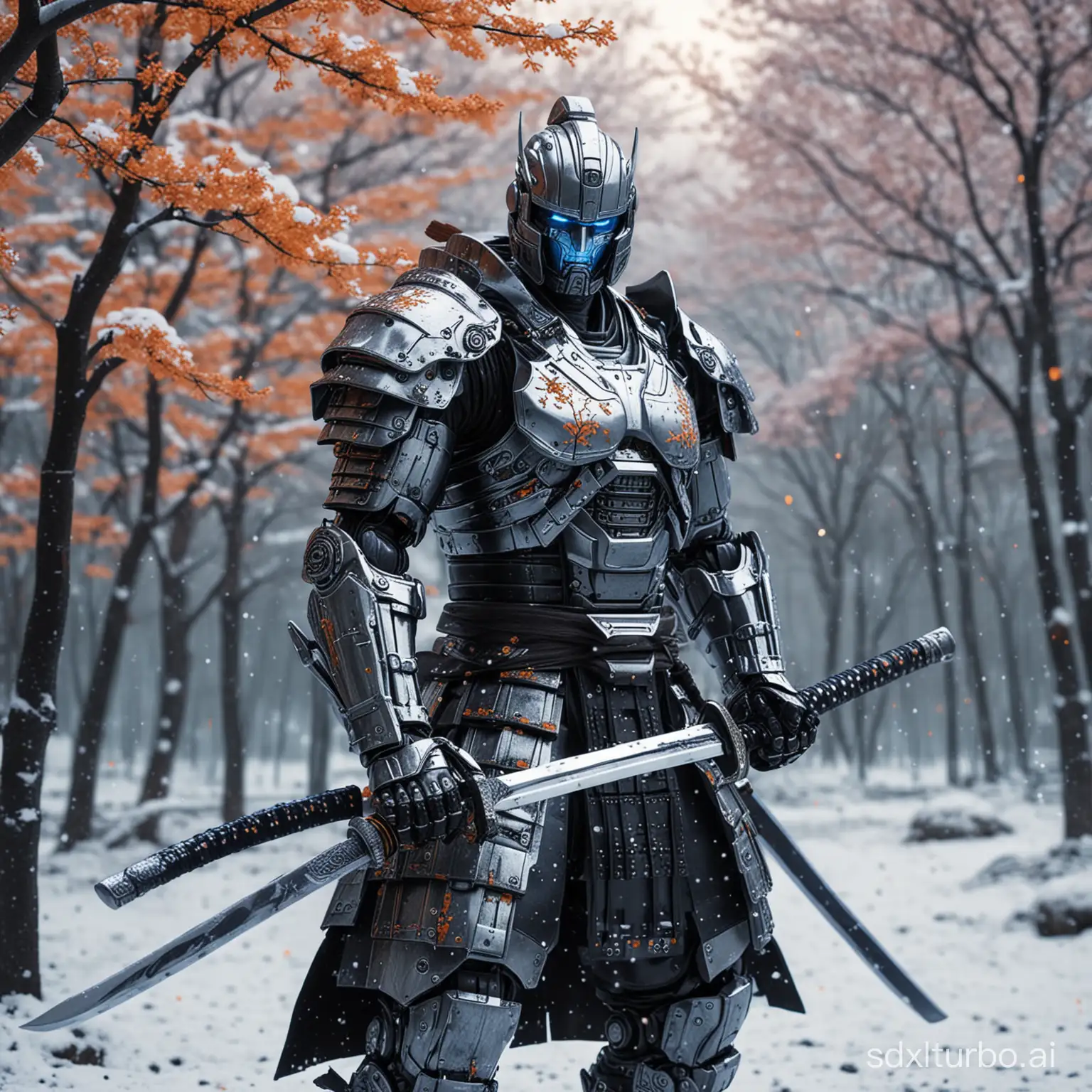 Silver-Chrome-Samurai-Robot-with-Glowing-Katana-in-Snowy-Blue-Sakura-Forest