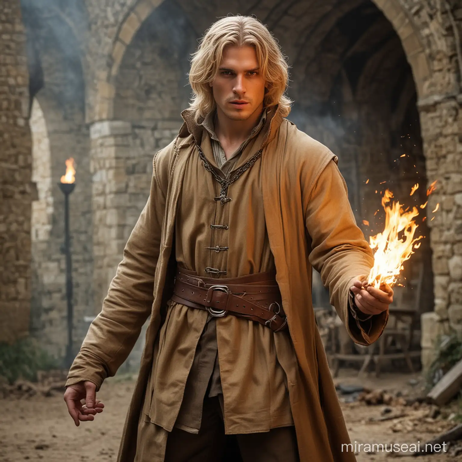 Medieval Fire Sorcerer with Blond Hair and Brown Trenchcoat