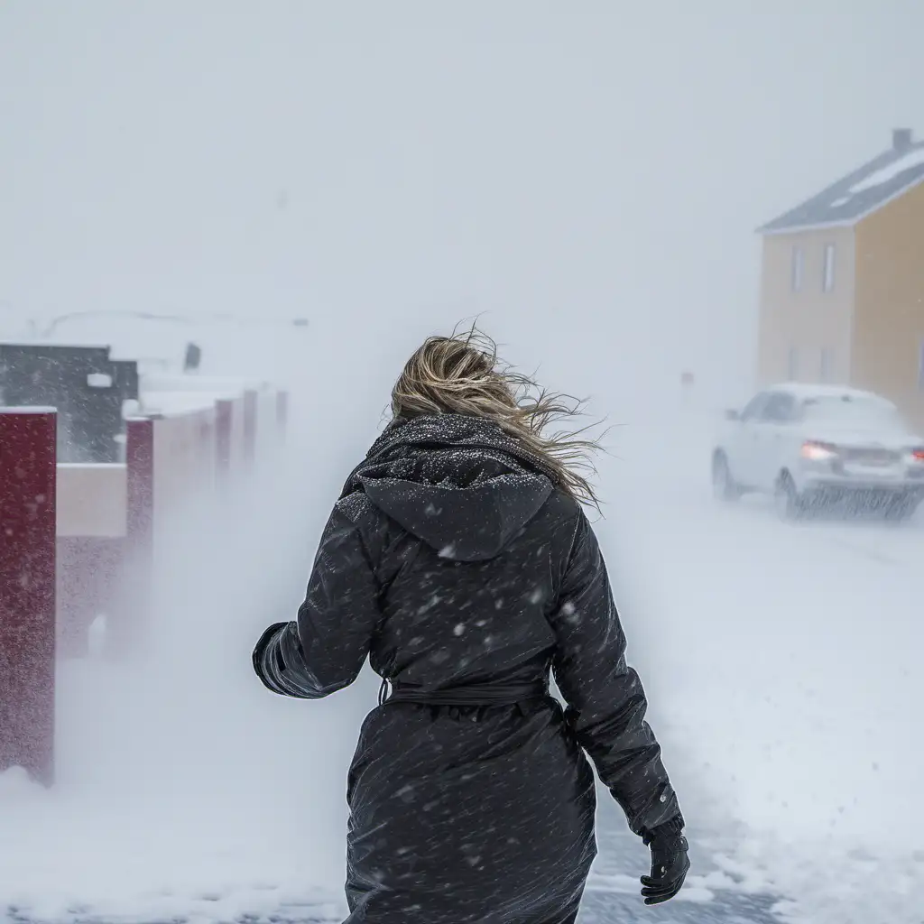 Snowing HARD, snow storm blizzard isafjordur, realistic, snowing. 
storm, wind, snowfall, downpour, woman backside, snow storm, winter, 