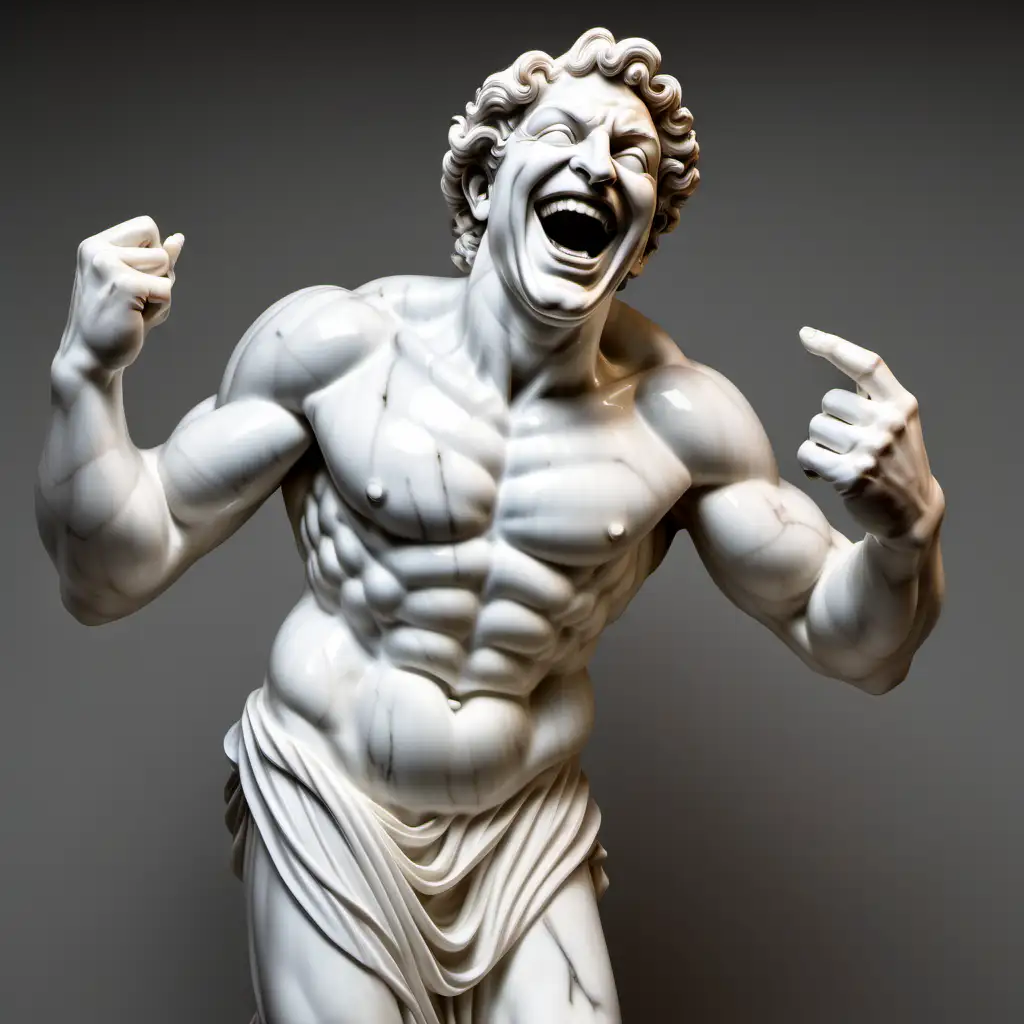 Greek God marble statue, laughing hysterically, whole body