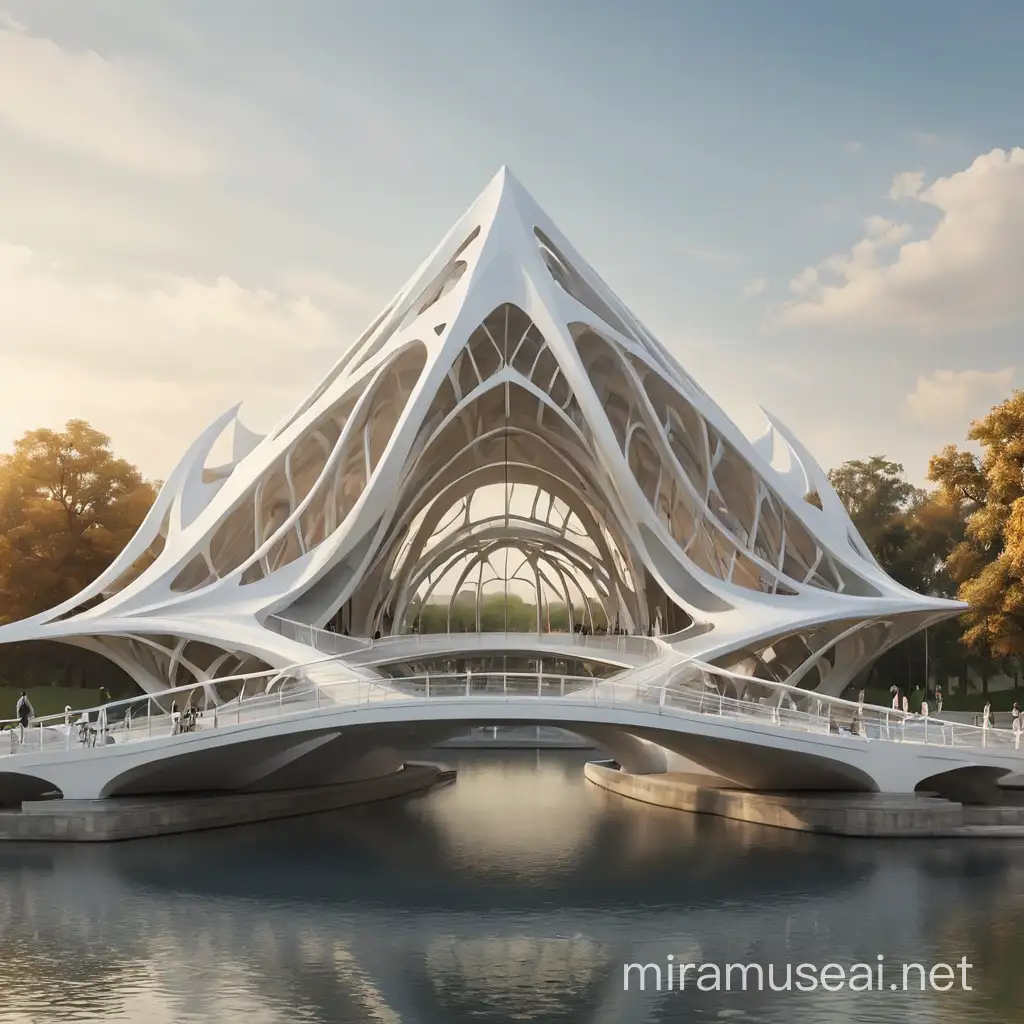 a model of two pavilions are attached to each other like a bridge, curvaceous, detailed, representation with abstraction, trending on concept art, abstract of theater, a place for exhibition, parametric design, abstract of cinema, architectural pavilion, representation with place.