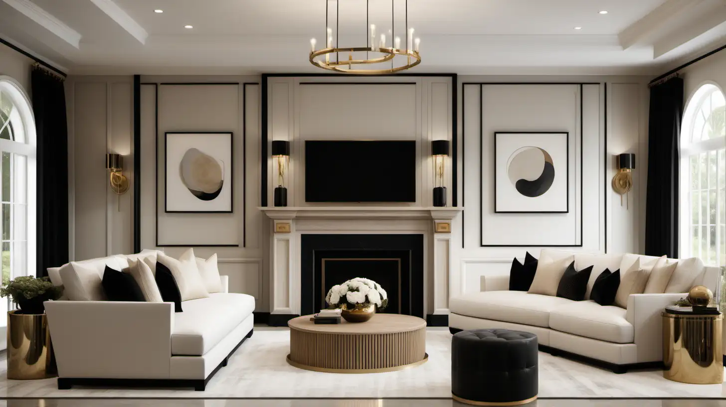 classic contemporary large home suite; beige, black accents; blonde oak; brass lighting;