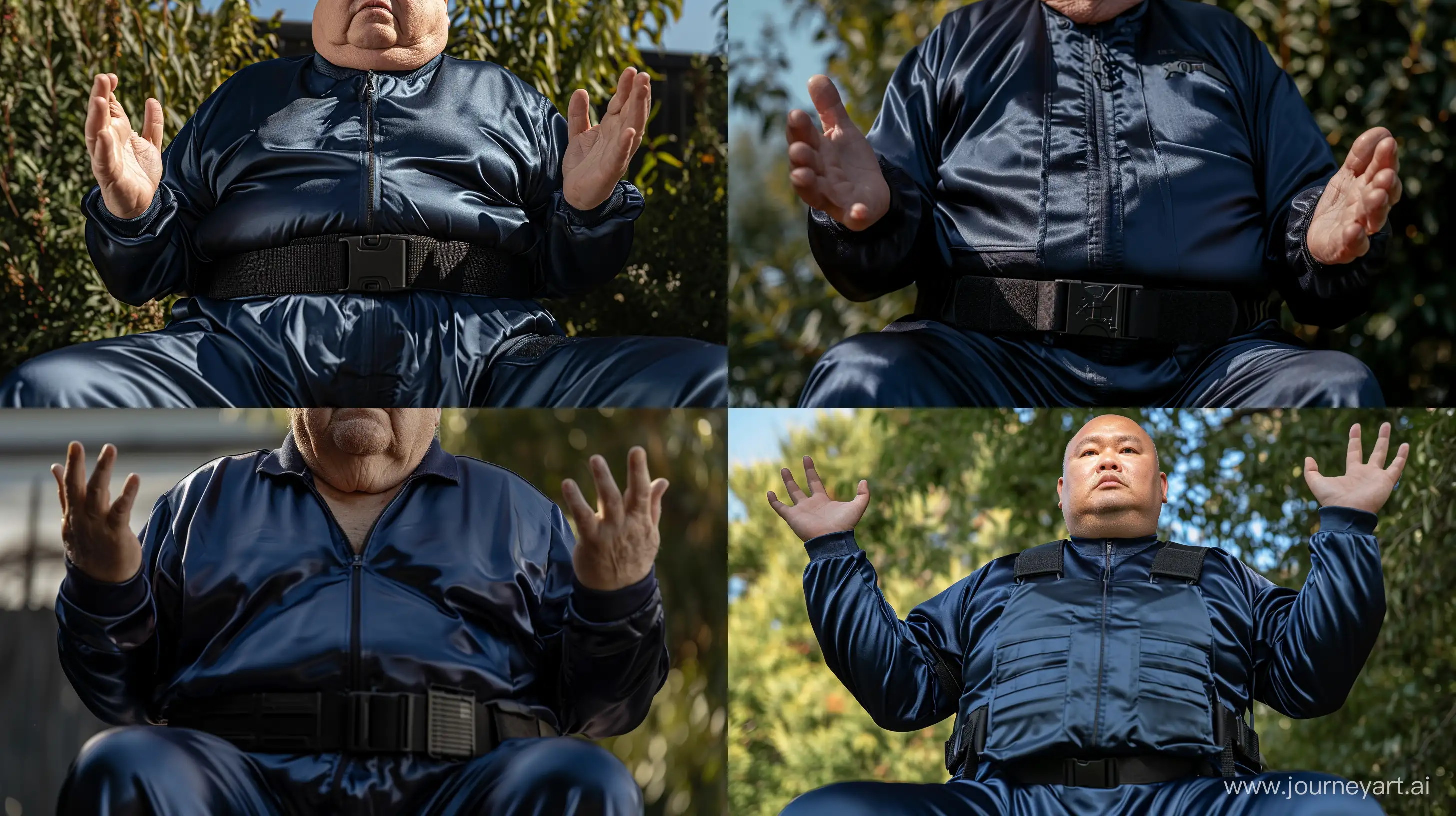 Front view portrait photo centered on the waist of a chubby man aged 70 wearing a silky navy blue tracksuit. He is sitting with his hands up. Black tactical belt. Outside. --style raw --ar 16:9 --v 6