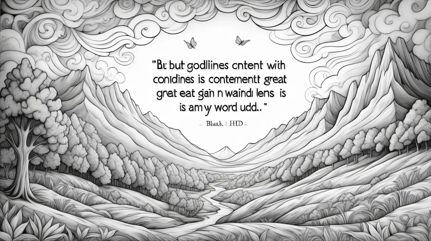 Image themed for: "But godliness with contentment is great gain." Black-and-white coloring image. Ages 5+. I don't want any text or words in the image. UHD