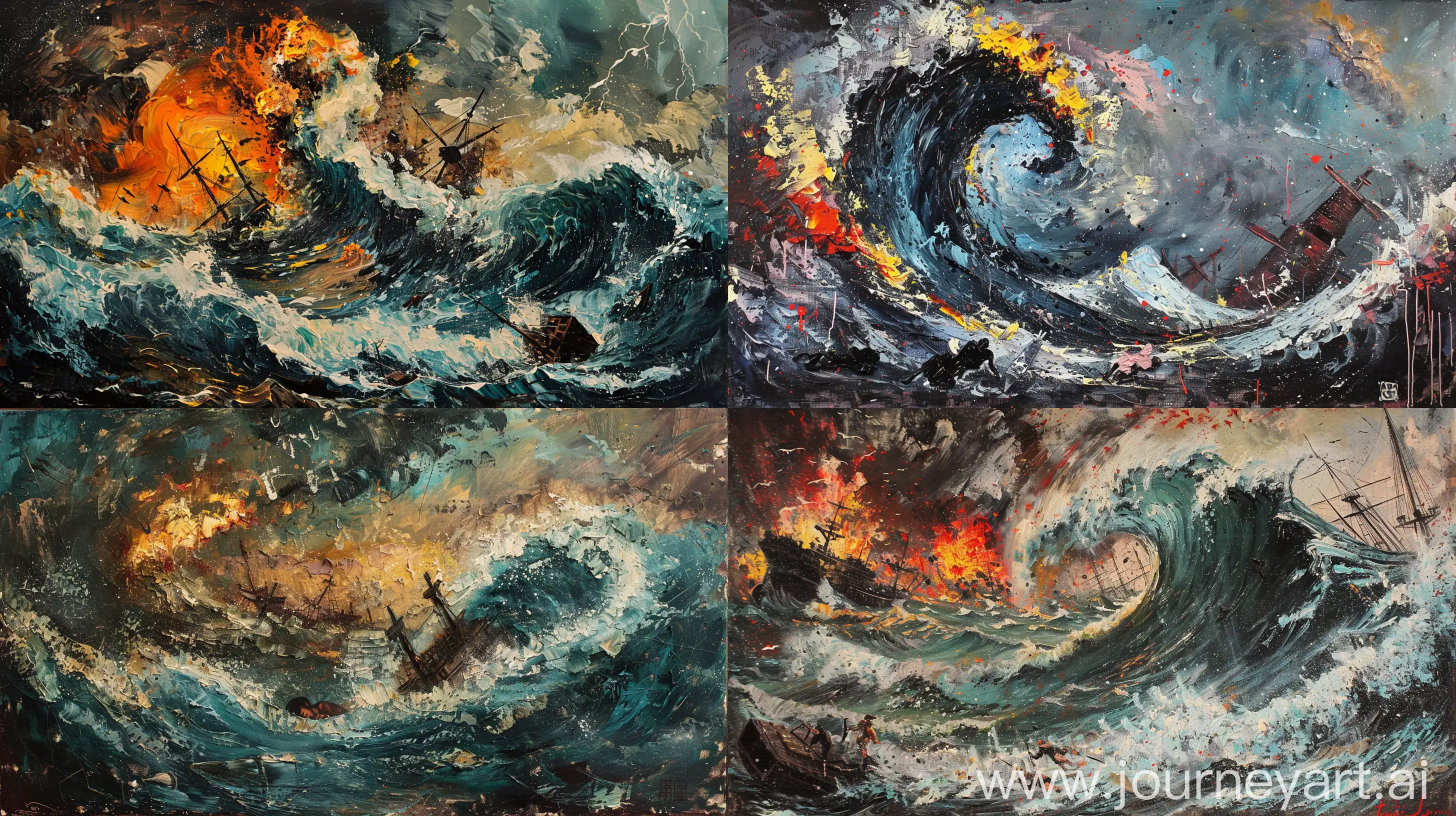 Impasto mix with pallet knife painting of tornado weather, dark sky big wave, struggle of a few chinese ancient war ship, fire, explosion, vintage color, dramatic history, close up of victim swim , ship wreck, thunder storm --ar 16:9 --v 6.0