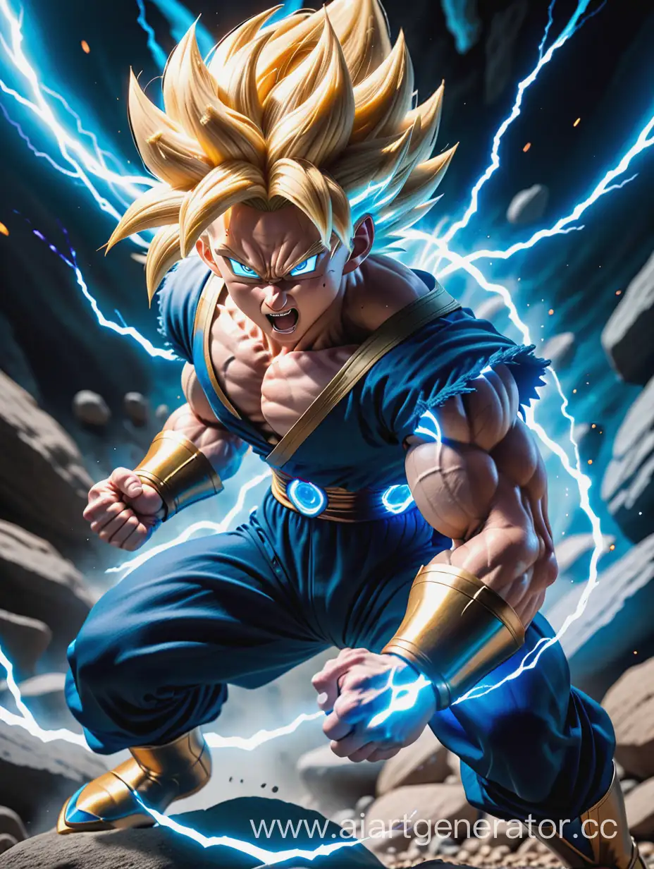 Super Saiyan in battle, dynamic posture, broken rock background, surrounded by blue energy, prominent muscle lines, blond hair fluttering, tense expressions, highlight effects, action impact, dark tones, backlighting, wide-angle shots.