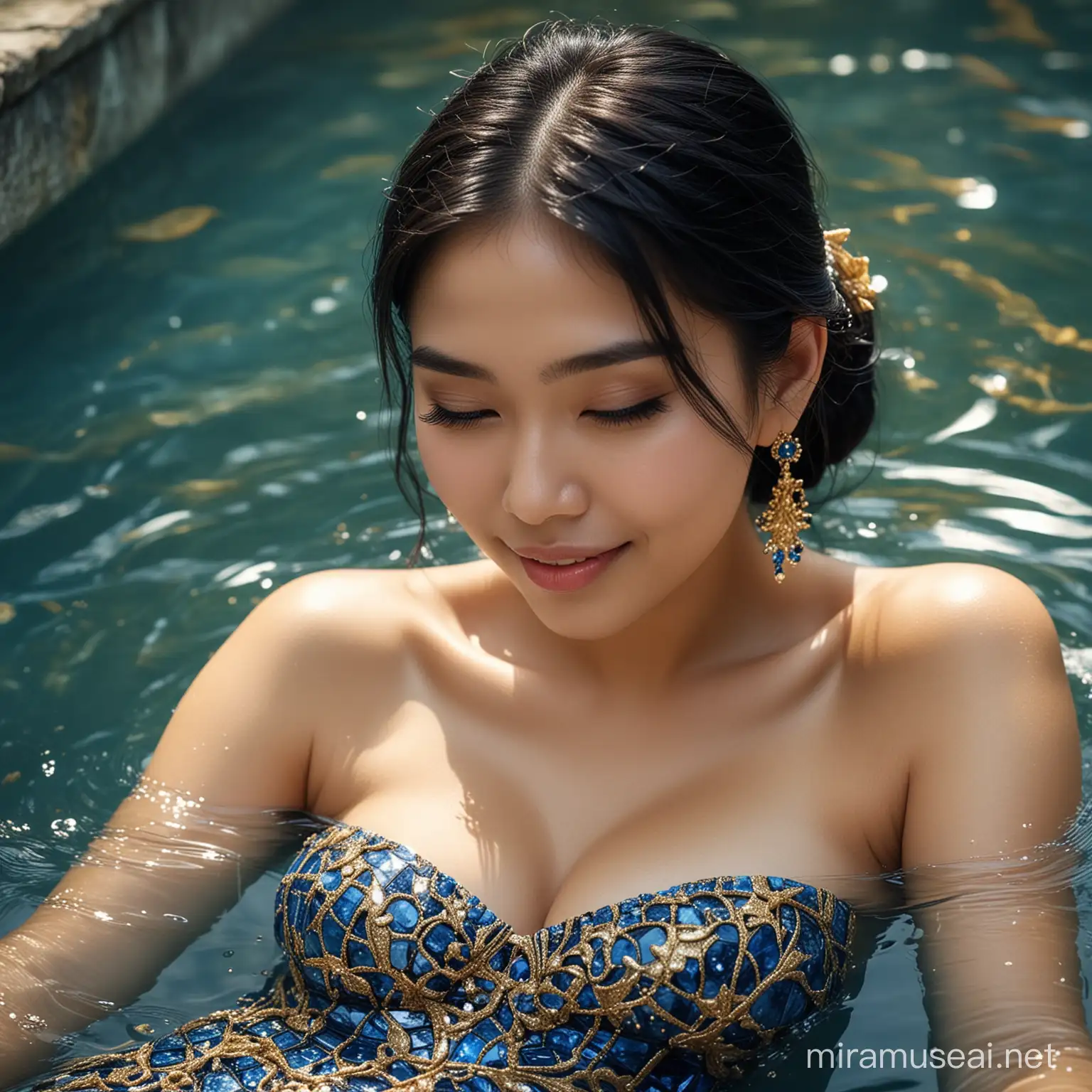 Thai Elegance 21YearOld in Blue Gold Glass Couture Dress