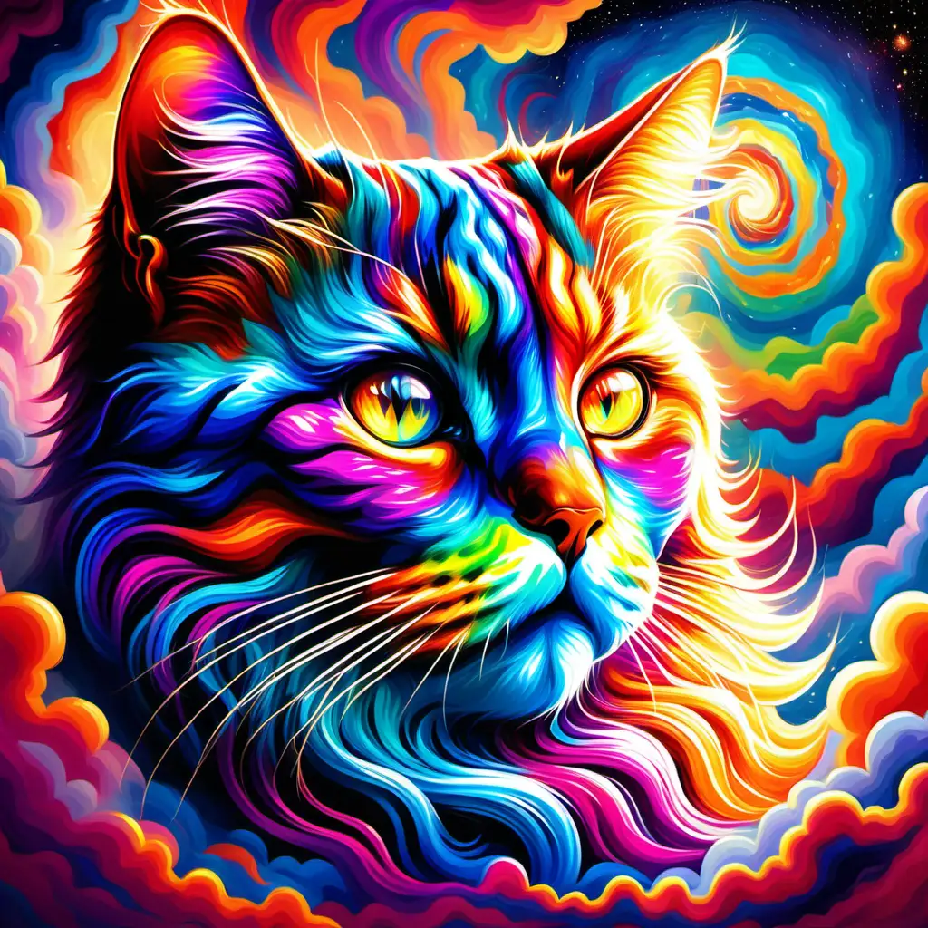 Imagine a breathtaking scene where a vibrant, multi-hued cat head emerges from a canvas of swirling, iridescent clouds. The cat head form is vividly painted with a palette of vibrant colors, emanating an aura of raw power and strength amidst the ever-shifting, kaleidoscopic clouds that surround it. Capture the essence of this majestic creature as it stands as a symbol of primal force and beauty within the mesmerizing, colorful expanse of the sky.
