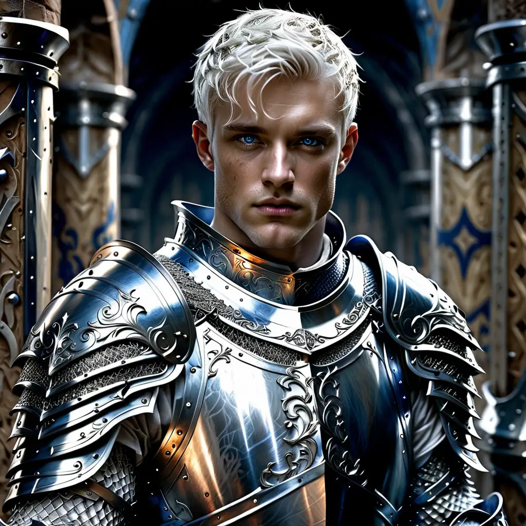 white male, handsome, strong, knight, short hair along the sides, longer hair ontop, dark blue eyes, rugged, intricate white armor. 