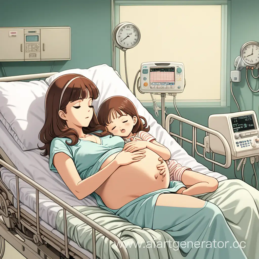 vintage anime overdue pregnant mother relaxing with little daughter hugging her mommy's big belly in (hospital bed)