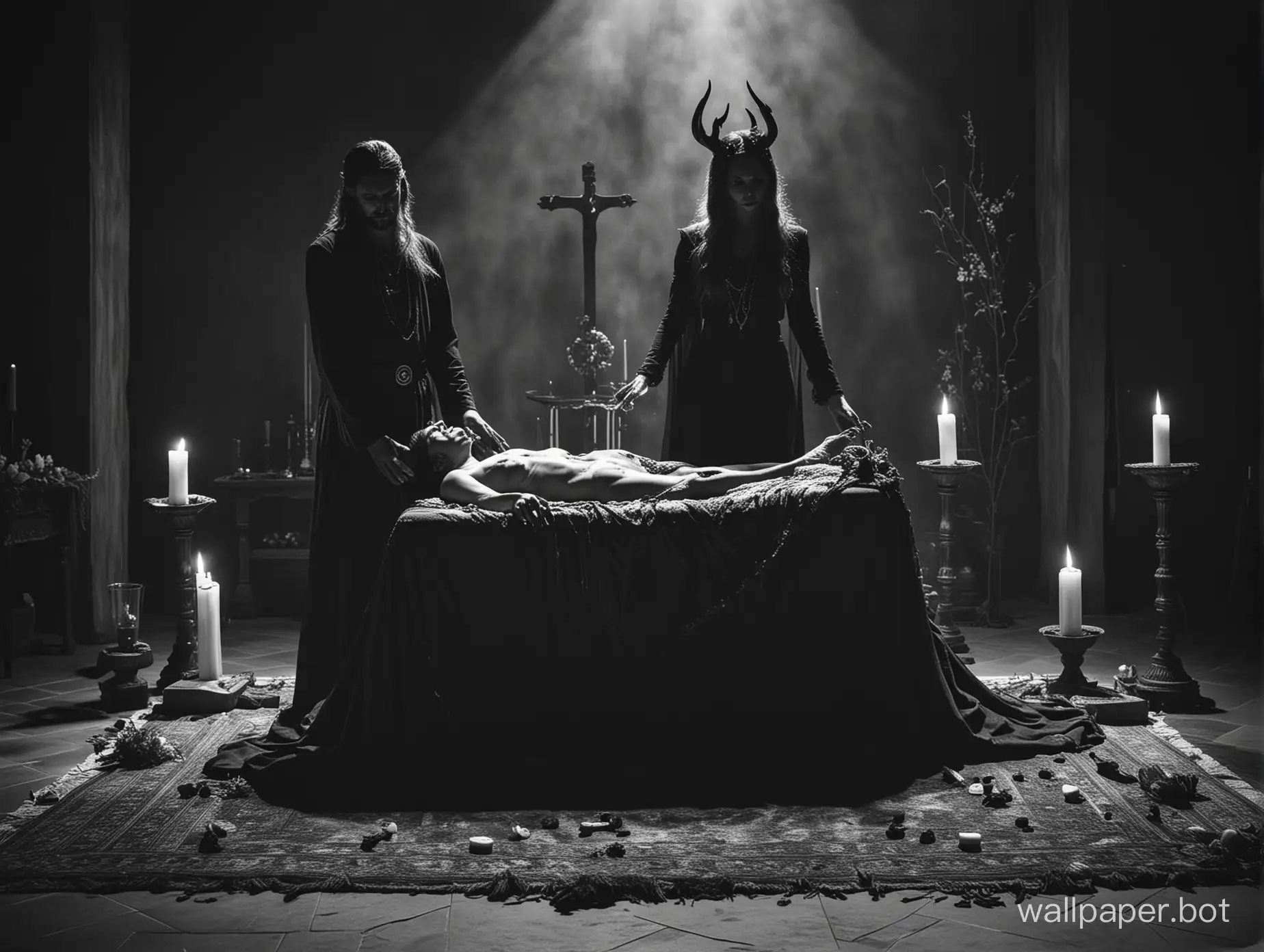 man lays woman on altar, sacrifice of a woman, girl doing satanic ritual , doing ritual in,black and white photography, high contrast photography, sharp super contrast
