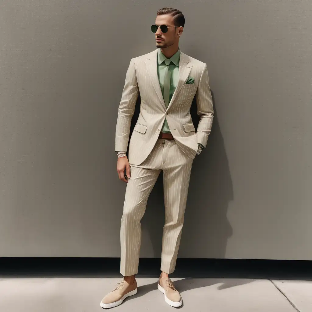 men wearing, beige, relax fit suit, long sleeve white and green pinstripes shirt, beige shoes, full body, modern fashion 