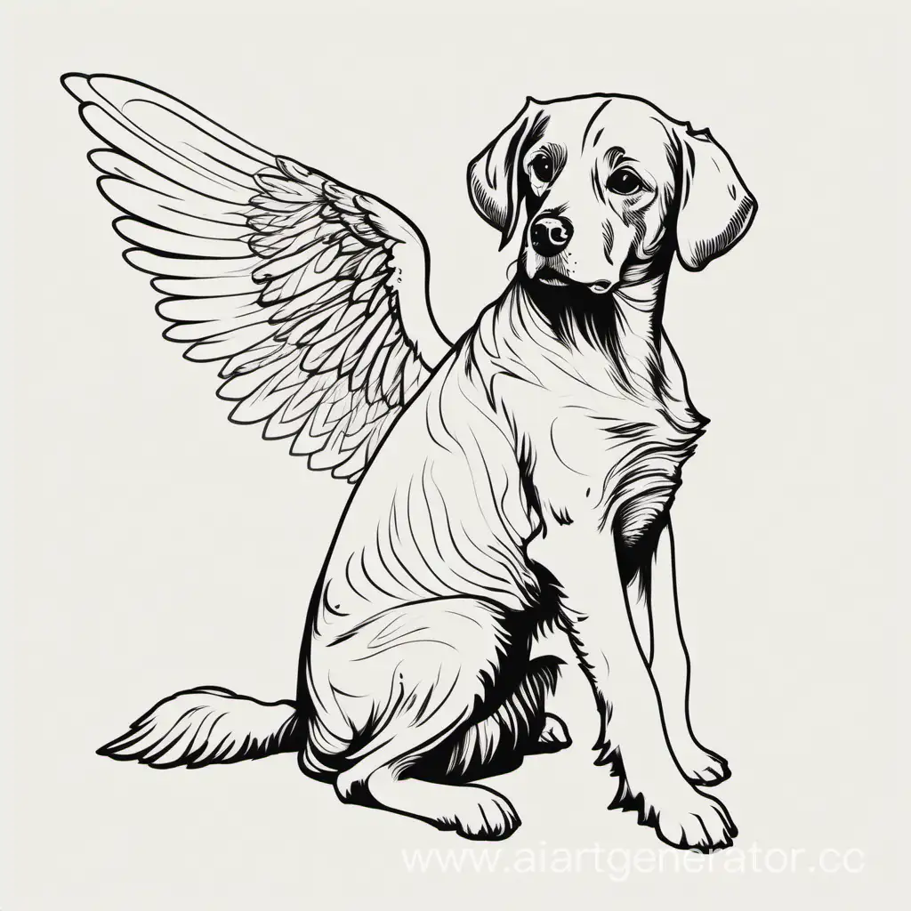 line drawing of  a dog sitting looking down with a wing