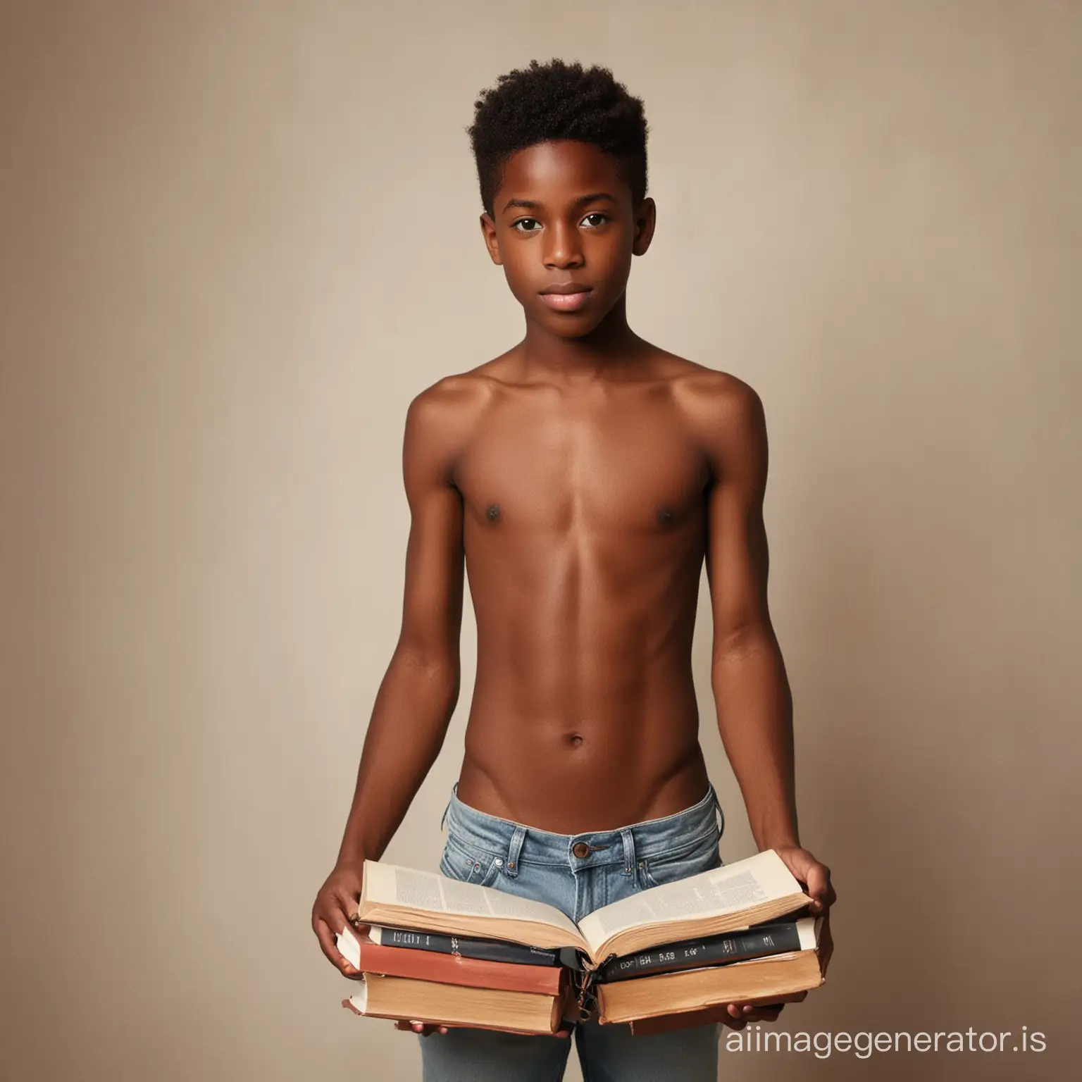 shirtless black boy with books