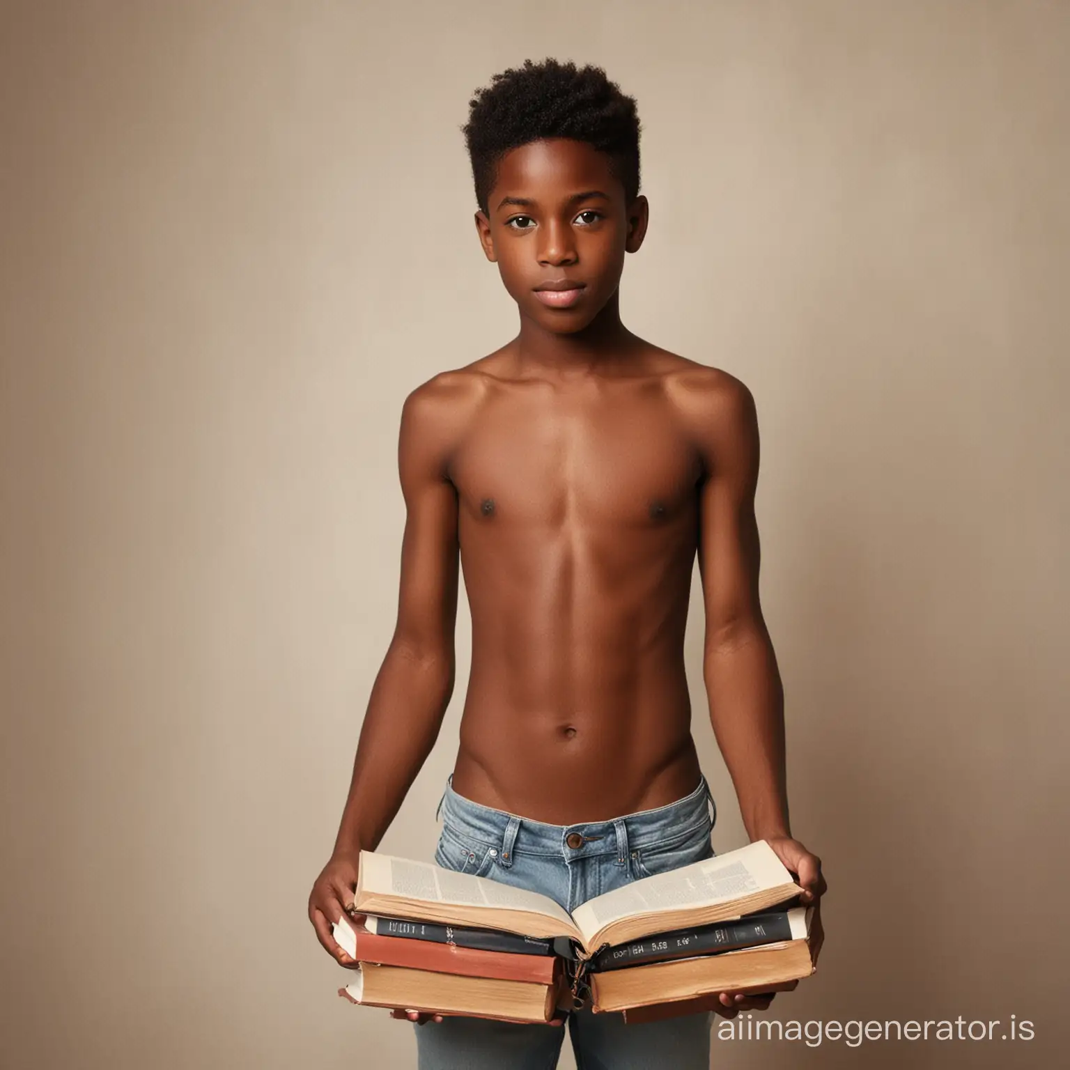 shirtless black boy with books
