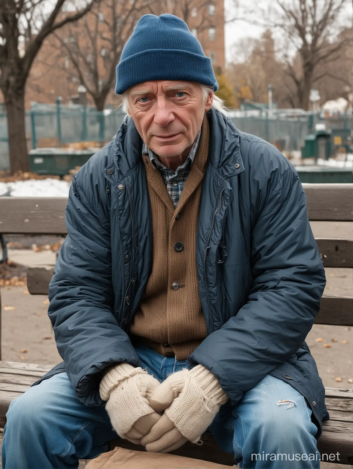60 yo man, homeless, white hair, white stabble, wrinkles, sick skin, blue eyes old outfit, mittens, ripped cap, bench, park
