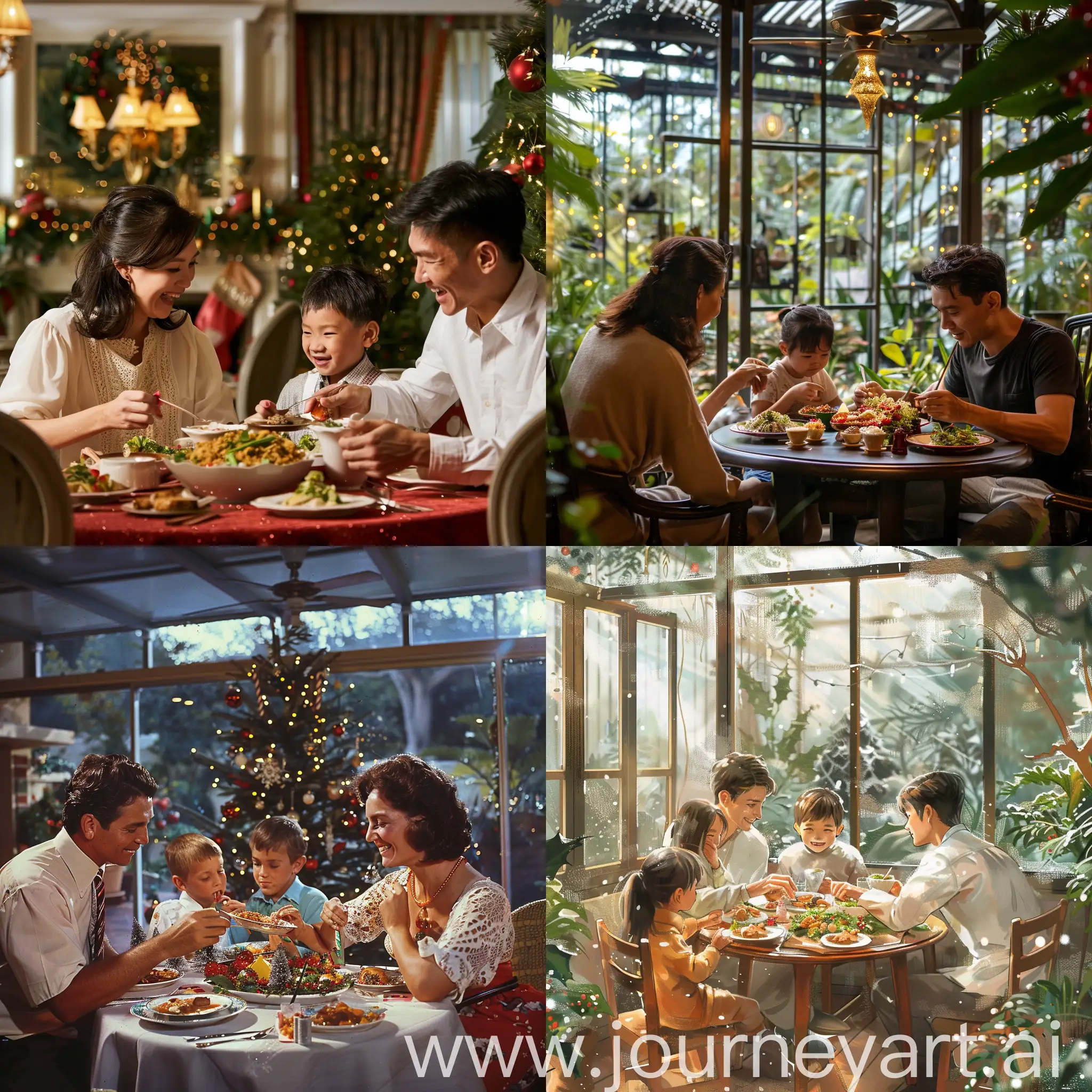 A family eating dinner at the garden home in Christmas day