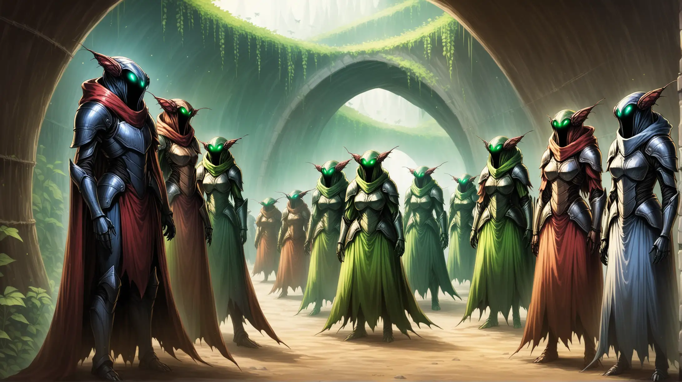 group of insectoid people, many colors, male and female, armors and robes, colony tunnels, Medieval fantasy