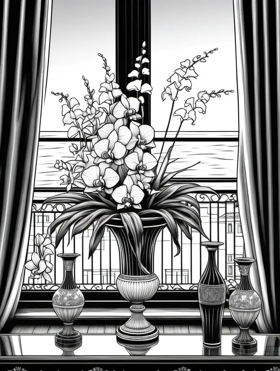 clean black and white, intricate, adult coloring page, white background, tall italian flower arrangement in a sleek murano glass vase containing orchids, jasmine, and Bougainvillea sitting next to an open window on a smooth table with a wood-paneled wall, small bust statues on the table, 2D, vector line drawing, detailed black and white venice, italy city scene with gondolas, behind the window, flowers are the focal point of the image