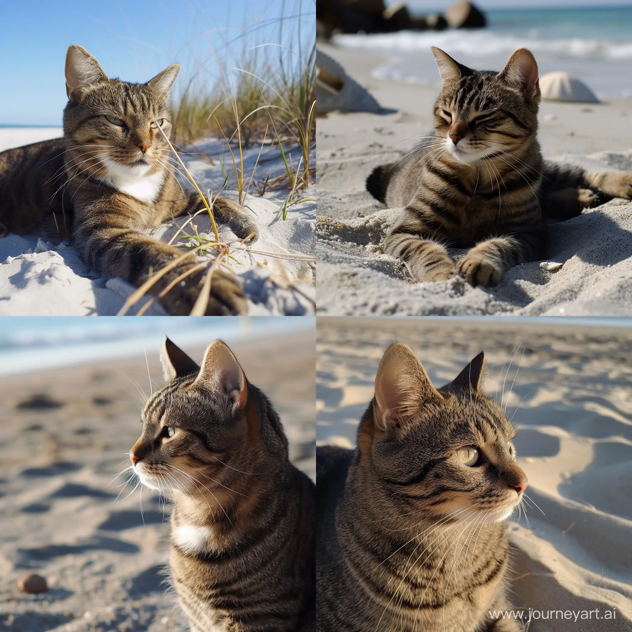 猫 海滩 阳光的下午 狸花猫
