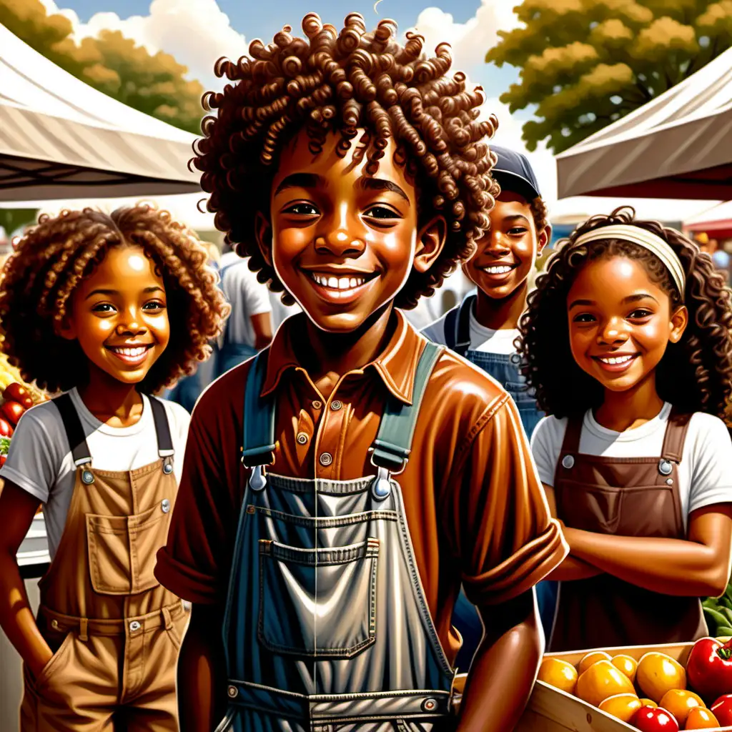 Ernie Barnes style cartoon 10 year old african american boy with curly hair and brown color overalls smiling  with friends at the farmer's market