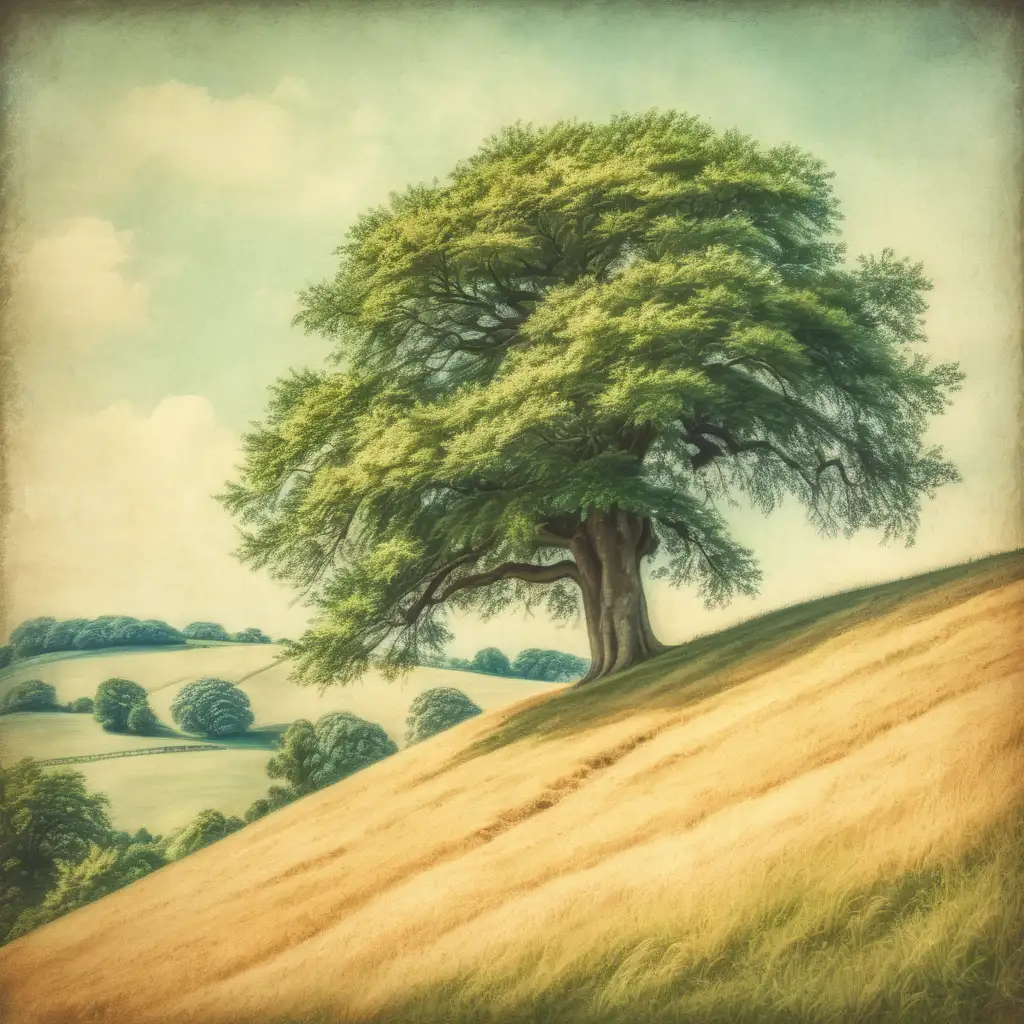 Tree on a hill in summer, vintage style, realistic painting look. 