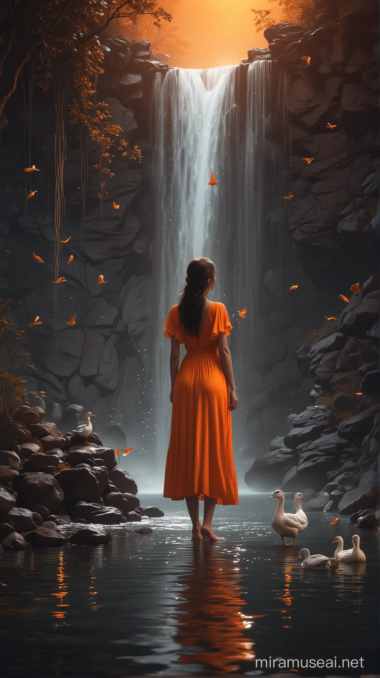 3D 8k mininal realistic illustrator mininal woman beside the water fall with ducks shinning and glittering at the midnight with her orange light dress